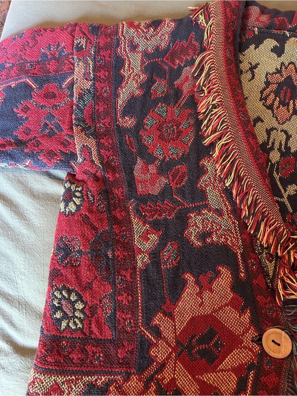 One of a Kind Handmade Women's Red & Navy Tapestry Fringed Cardigan Jacket - Picture 15 of 16